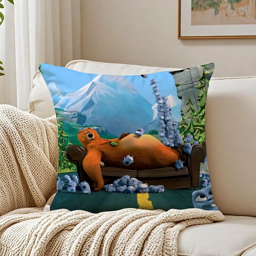 Cute Fun Cartoon GGrizzly And LLemmings Cushion Cover Linen Pillowcase Soft for Sofa Bed Home Room Decor