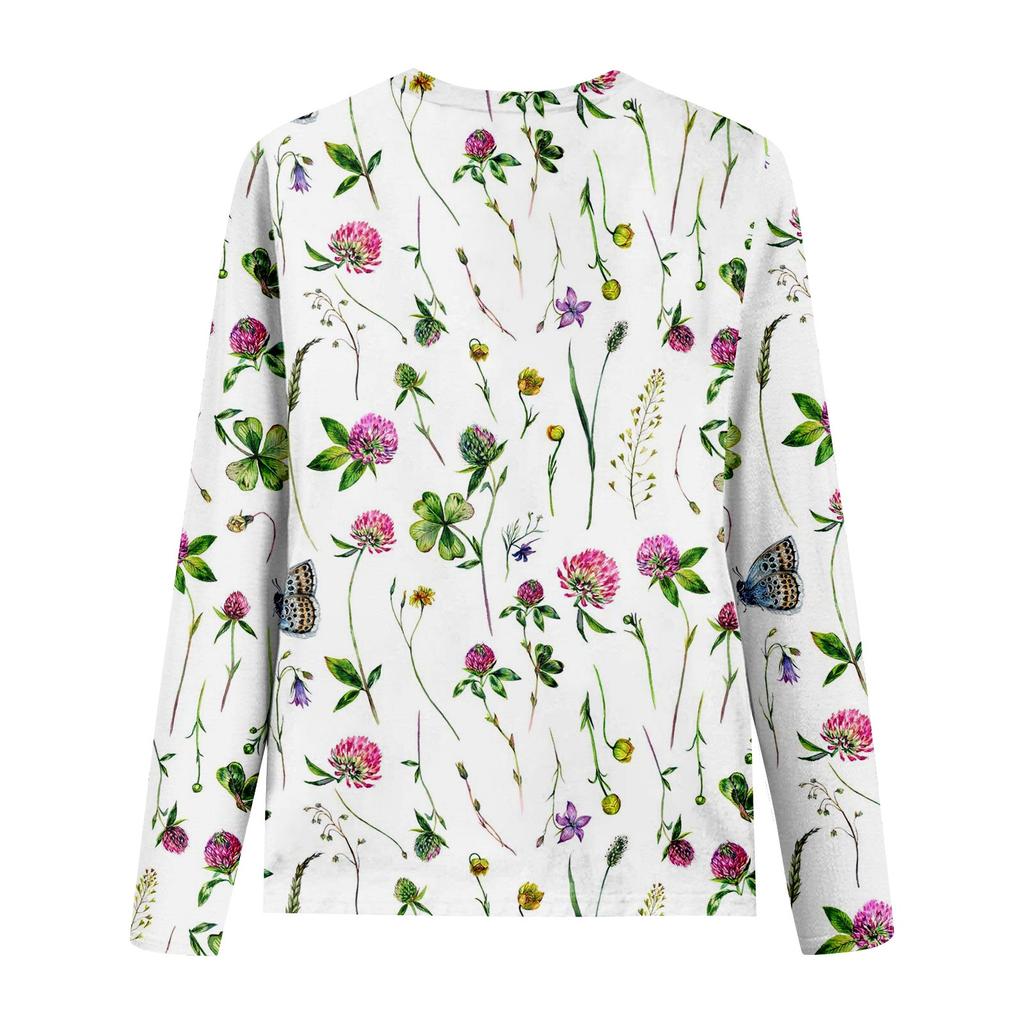 Women's Fashion Casual Long Sleeve Print Round Neck Pullover Top Blouse