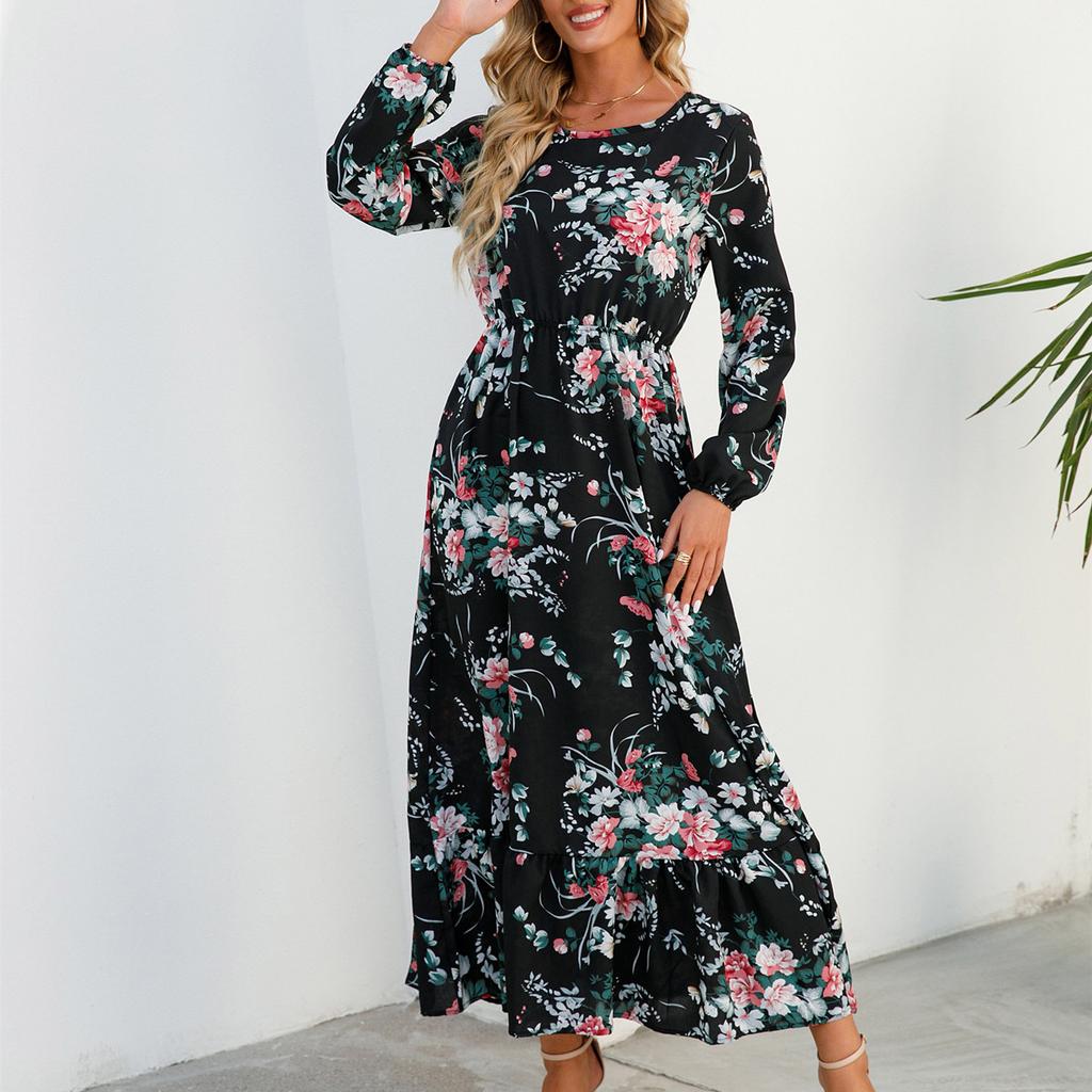 Women Spring Autumn O Neck Long Sleeve A Line Slim Elastic Waist Floral Print Long Dress Ruffle Clothing
