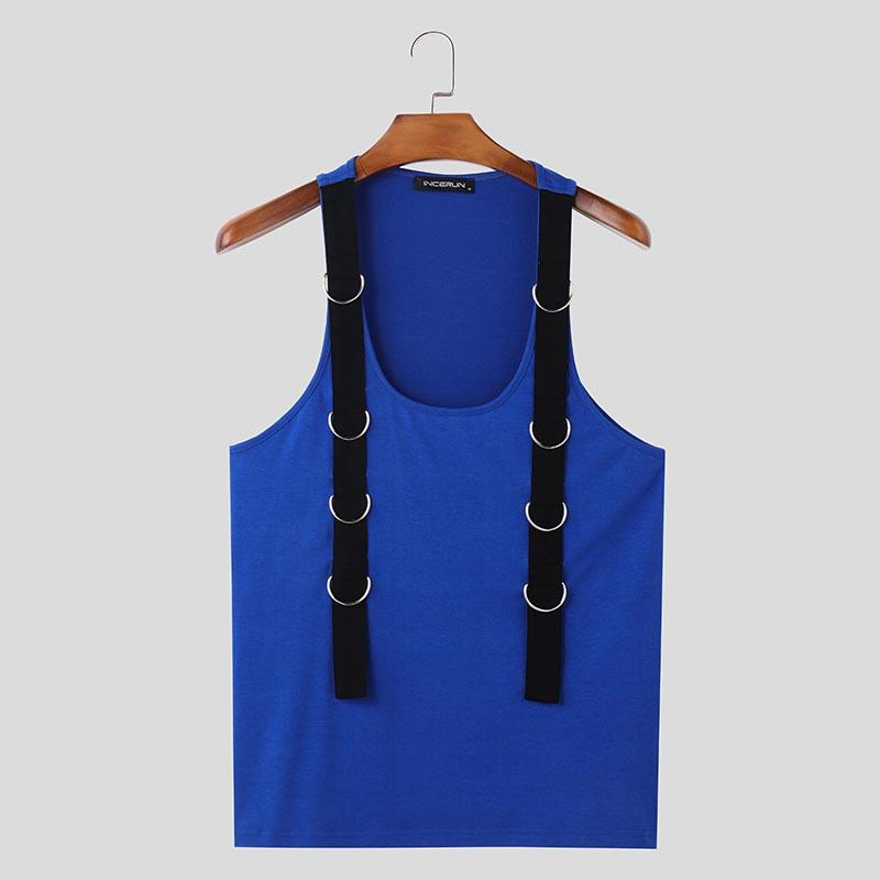 INCERUN Mens Summer Sleeveless Patchwork Strap Solid Color Casual Tank Tops
