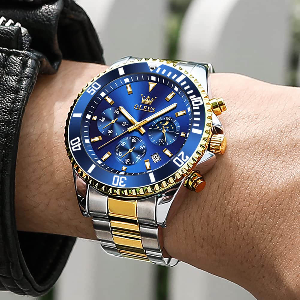OLEVS Fashionable Business Popular Quartz Watch Waterproof Analog Watch Date Metal Band Casual Easy to Read Fashion Arm Watch Blue Dial Stainless
