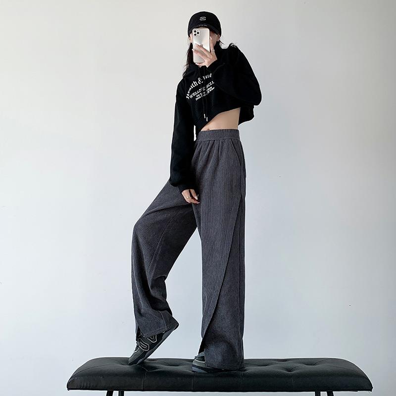 Kedong velvet casual pants loose high waist thin straight European cotton velvet simple versatile split wide leg pants