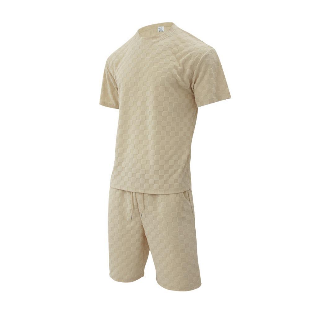 Men's Sports Suit Summer New Korean High Street Jacquard Plaid T-shirt Shorts Two-piece Set Male Casual Retro Loose O-neck Top