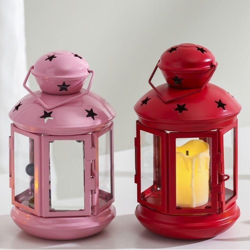 Wrought Iron DIY Iron Wind Lamp Wind-proof Hollow Star Candle Holder Hanging Candlestick Lantern Ornament Home Decoration rosa