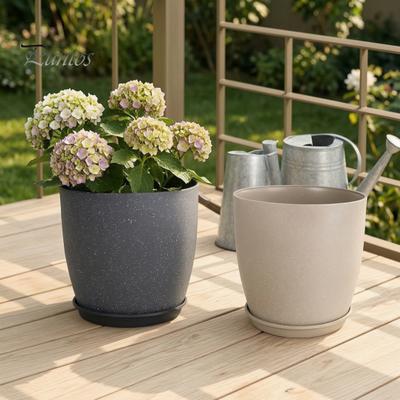 Functional Planters for Living Room Modern Plant Pot with Saucer, Gray Flower Large Resin Containers Drainage Holes, Stone-Look Planter Indoor Outdoor