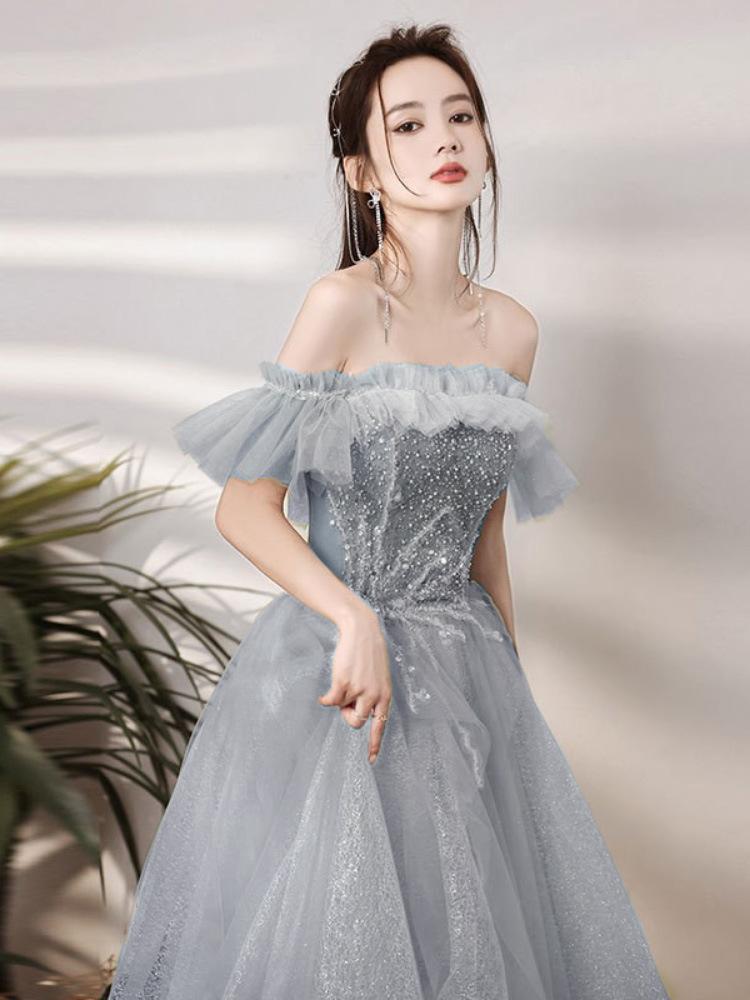Green Evening Dress 1011 New Shoulder Small Skinny Host Temperament Fairy Mori Adult Dress Skirt