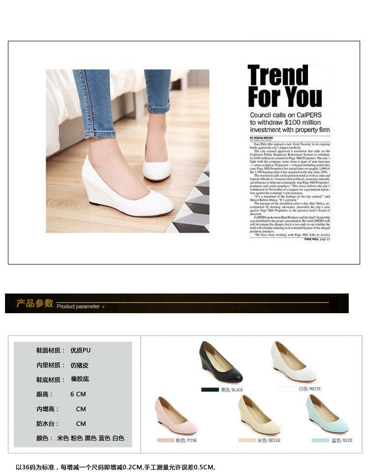 Spring new large-size women's shoes simple and versatile shoes light mouth round head wedge heels single shoes high heels white