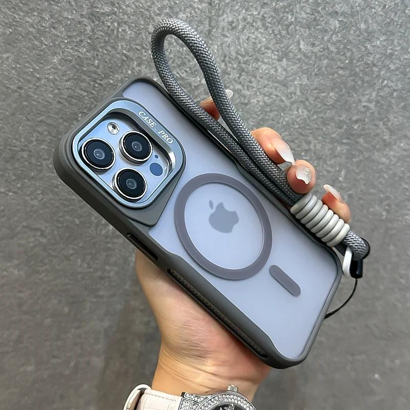 Objektyvo laikiklis Magnetinis Matinis Telefono Dėklas iPhone 16 15 Plus 14 13 12 Pro Max Riešo Dirželis Minkštais Kraštais Silikoninis Smūgiams Atsparus Viršelis