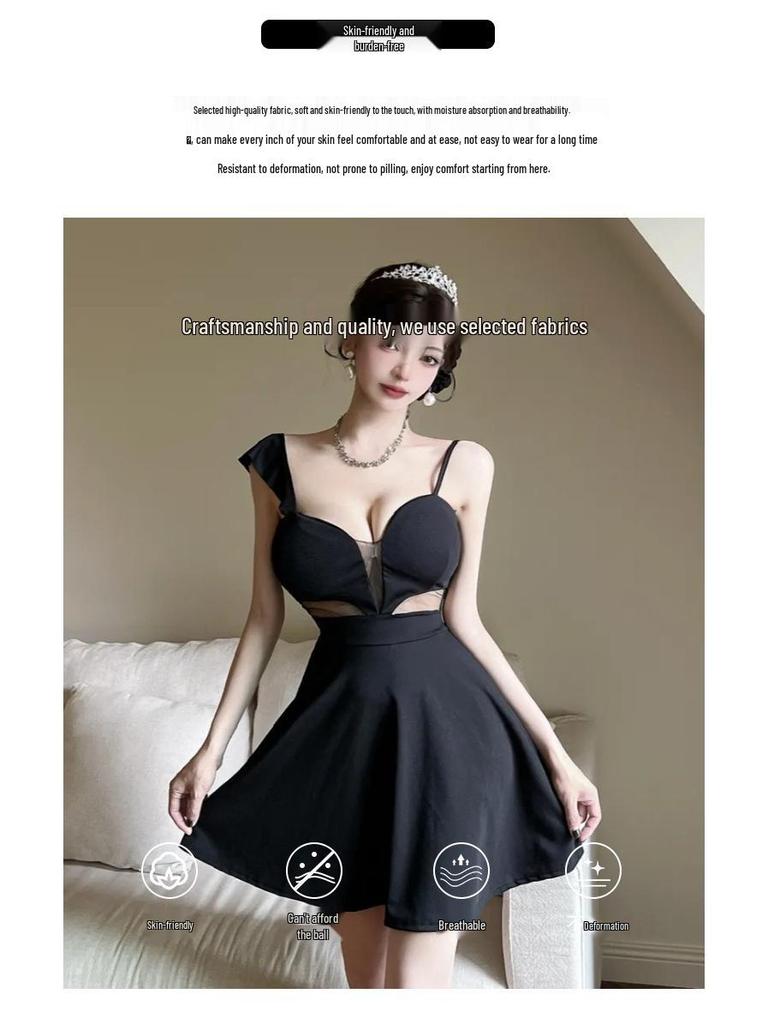 Elegant Deep V-Neck See-Through Dress with Flutter Sleeves and Slimming A-Line Skirt