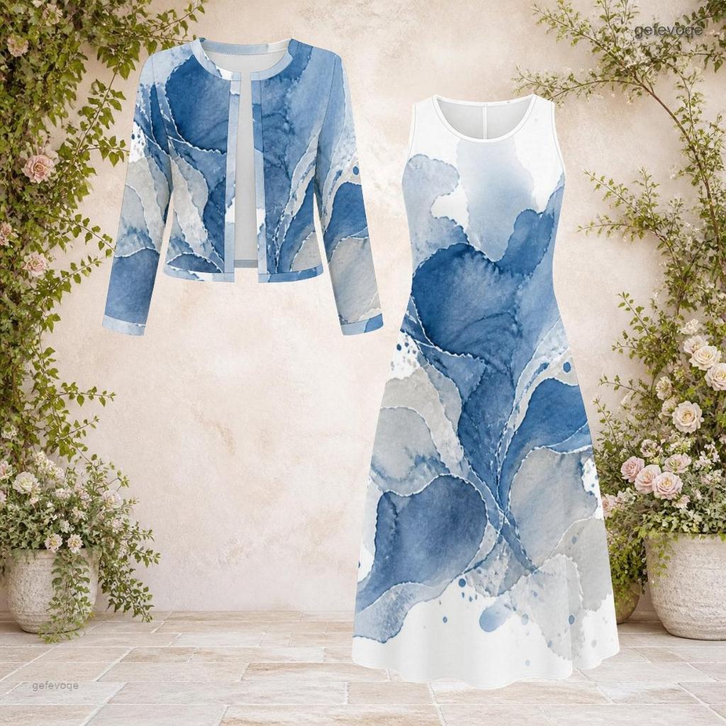Women Plus Size Beige Black Printed Two Piece Set Round Neck Long Sleeve Cropped Cardigan Sleeveless Midi Dress
