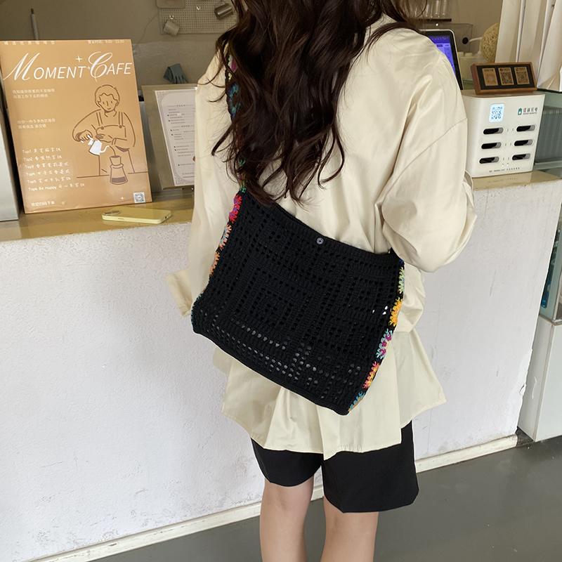Vintage Hollow Crochet Shoulder Bag – Women's Knit Hobo Bag with Floral Embroidered Strap – Large Casual Tote for Beach Commute