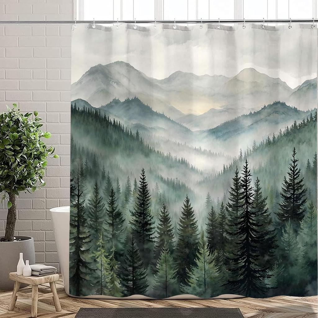 Wald Berg Duschvorhang Grüne Bäume Nebel Landschaft Natur Kunst Bad Dekoration Wasserdichtes Gewebe Minimalistisches Design Zuhause
