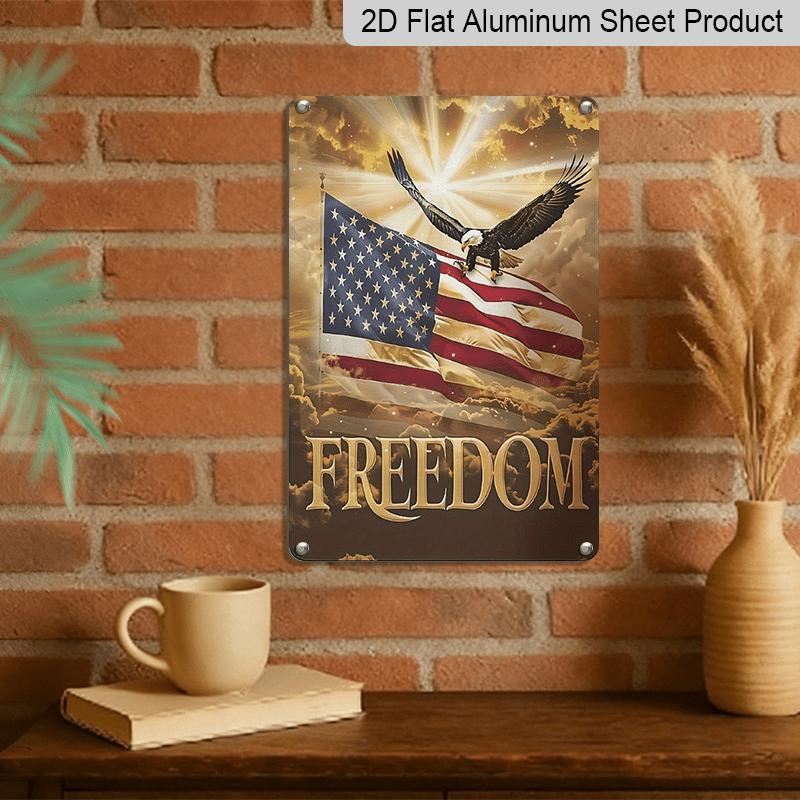 2D Flat 1pc Vintage Bald Eagle & American Flag Metal Sign - Patriotic "FREEDOM" Wall Decor with Stars & Stripes Design, Rustic Aluminium Wall Art for