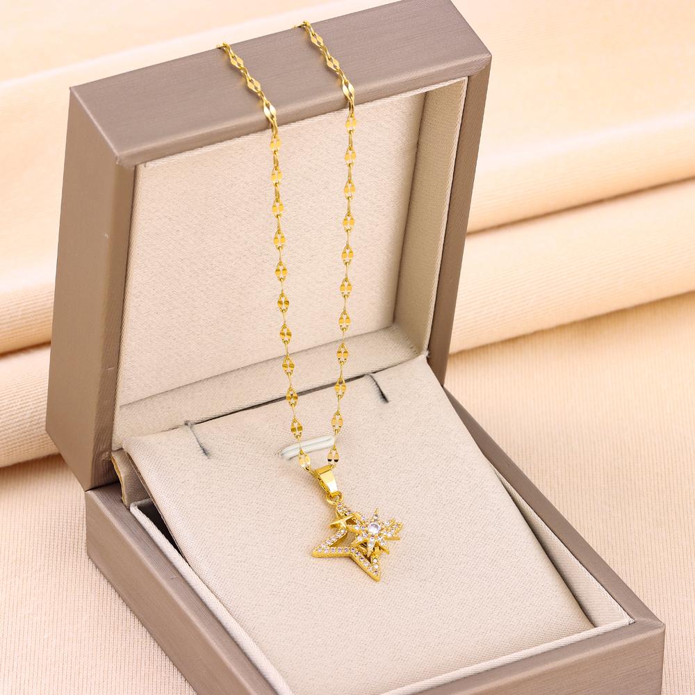 New In Rotatable Zircon Crystal Lucky Star Pendant Necklaces For Women Trendy Female Stainless Steel Chain Ladies Accessories
