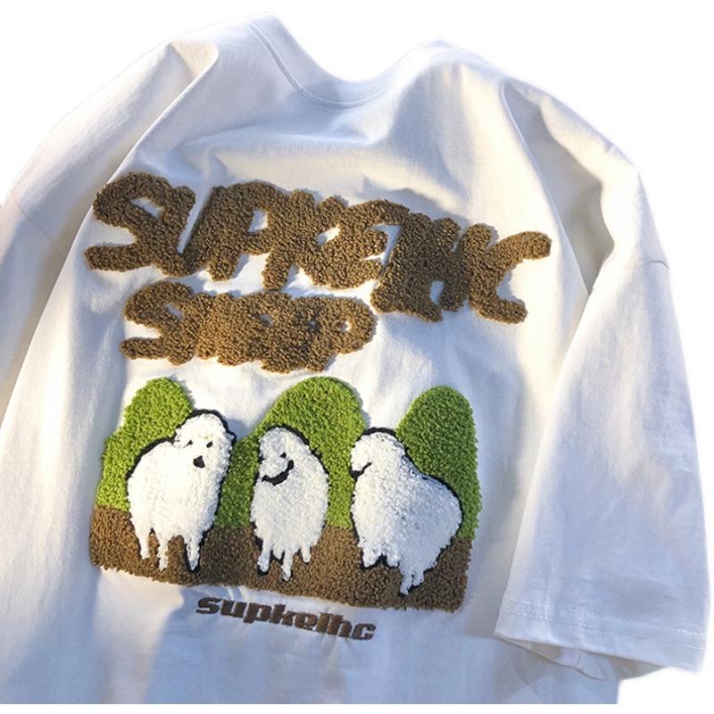 

Футболка унисекс из хлопка с вышивкой в виде ягненка и круглым вырезом, в американском стиле, с короткими рукавами, идеально подходит для лета. XXL белый