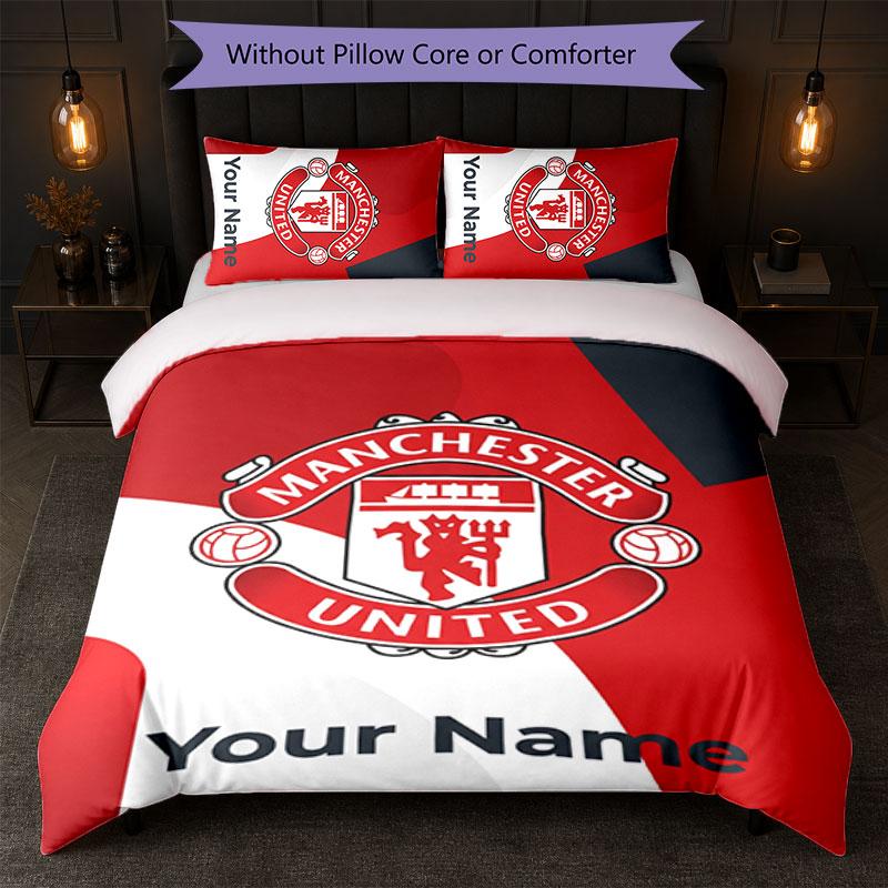 Juego de Ropa de Cama Personalizado Manchester United con Nombre y Texto 1 Funda Nórdica + 2 Fundas de Almohada Logo de Fútbol Regalo Personalizado para Ocasión Especial Decoración de Dormitorio