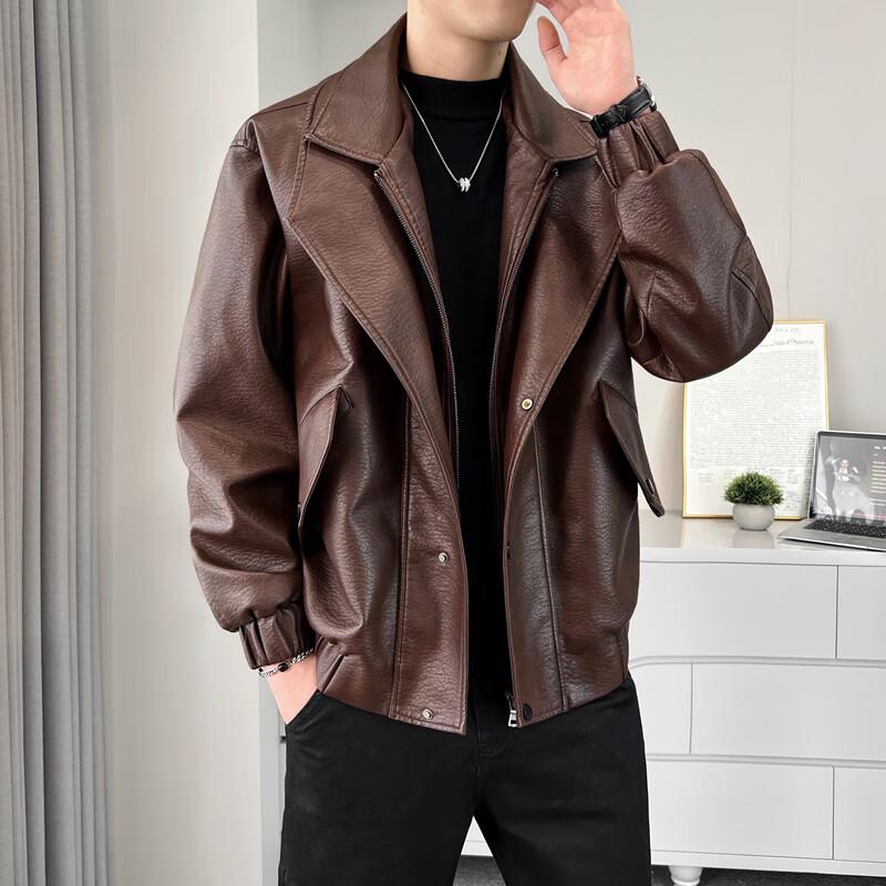 VANCAMEL Men's Double-Collar PU Leather Jacket