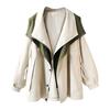 Windjacke für Damen mit Kapuze, Patchwork-Farbblock, Reißverschluss und Knopfverschluss, lange Ärmel, enge Taille, lockerer Mantel im Cargo-Stil, Outdoor-Jacke