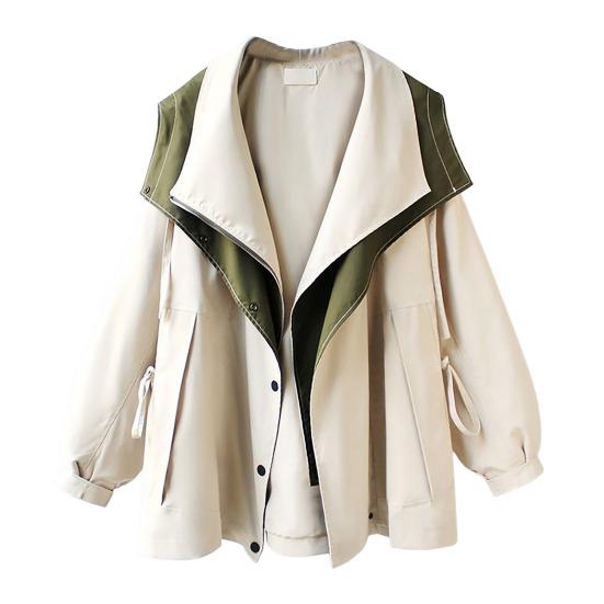 Women Windbreaker Hooded Patchwork Colorblock Zipper And Button Closure Long Sleeves Tight Waist