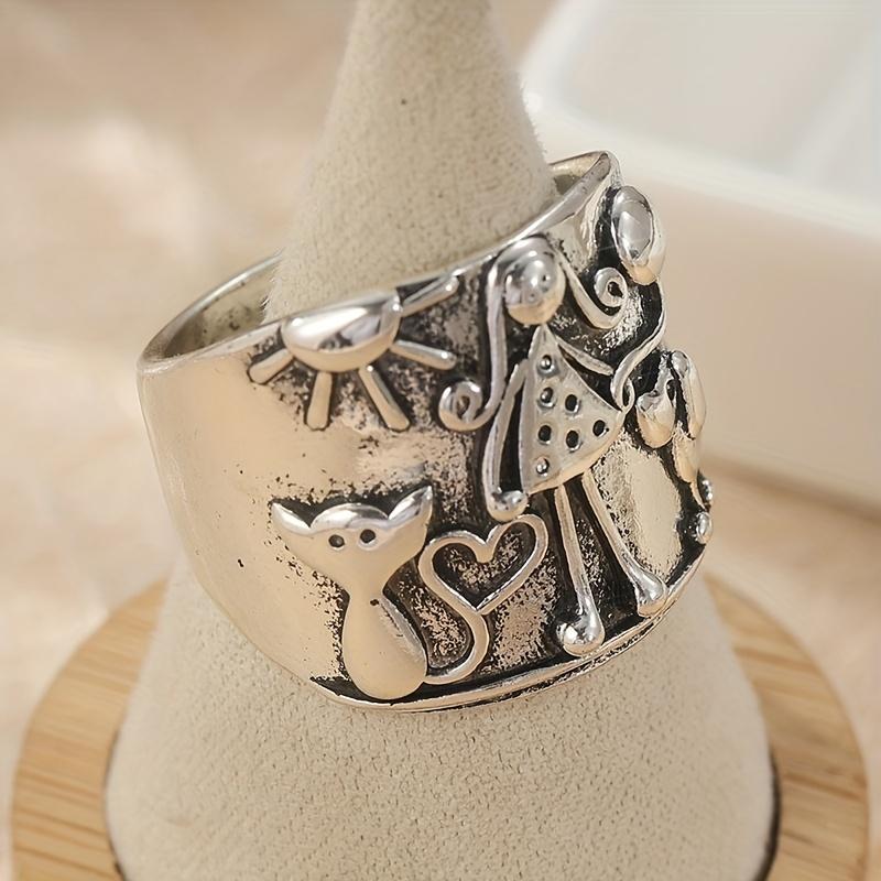 

Vintage Copper Color Carved Pattern Cat Dog Girl Ring, Personalized and Creative Punk Style Holiday Party Accessory Zircon 7