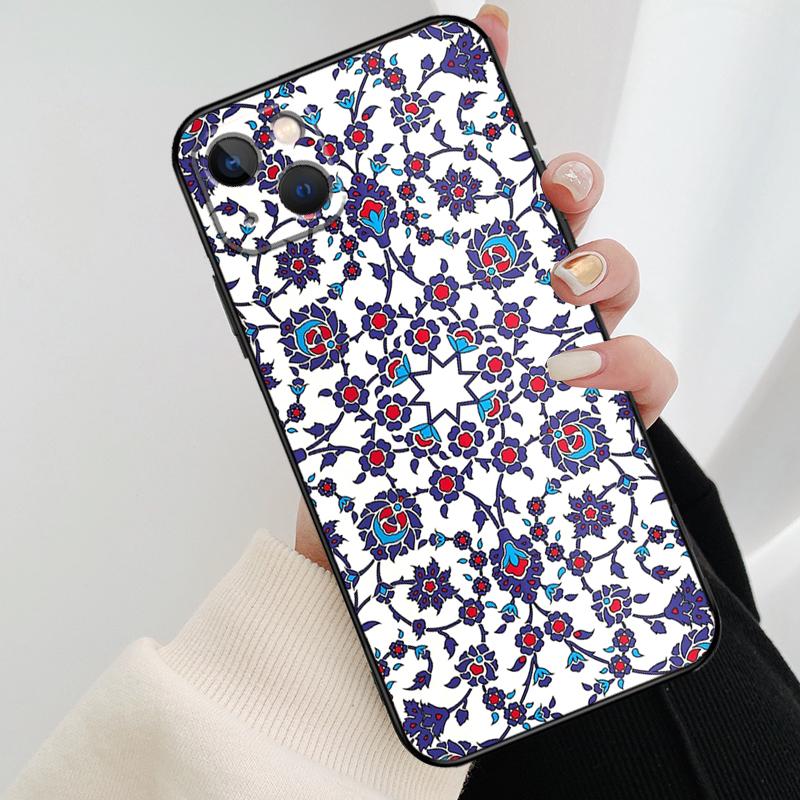 Square Turkish Flower Tiles Phone Case For iPhone 17 Pro Max 14 13 12 11 15 16 Pro Max mini 15 16 Plus 16e 17 Air Cover