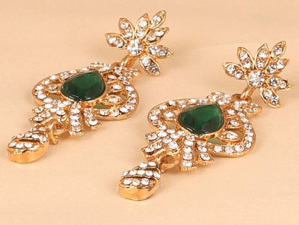 Touchstone India Bollywood Aspirations Traditional Indian Peacock Motif Faceted Faux Emerald Gold Tone White Rhinestones Spectacular Designer Bridal