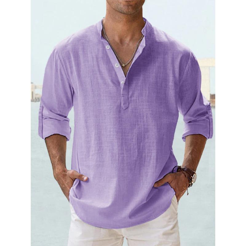 Men's Linen Stand-up Collar Long-sleeved T-shirt Loose Undershirt Solid Color Long-sleeved Cotton and Linen Shirt Men's