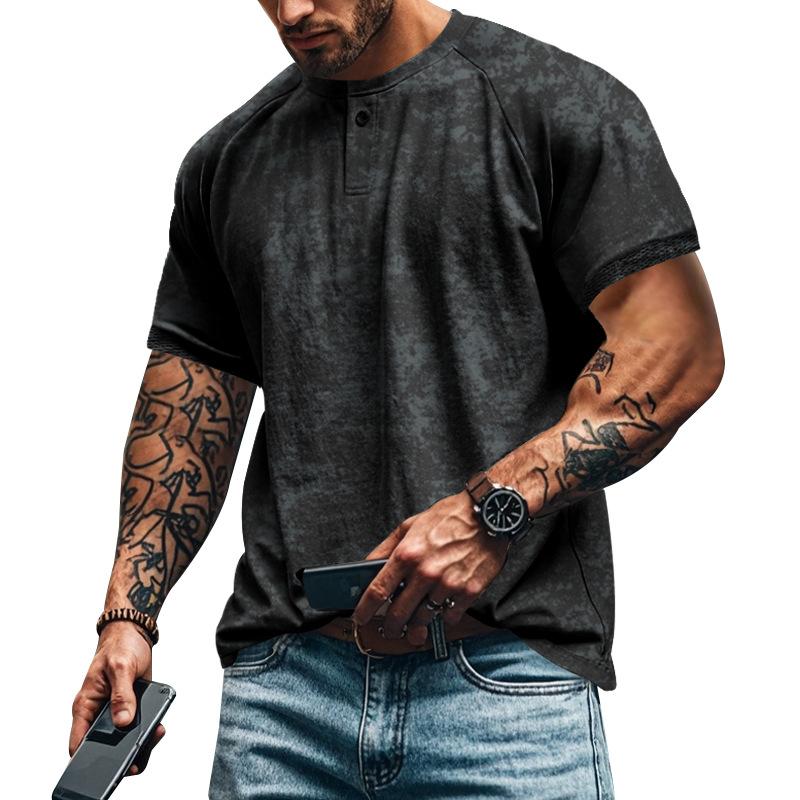 Retro Vintage Pánské tričko s krátkým rukávem s límečkem Henry Slim Fit s ramenní vsadkou Americký oversized styl Pánská košile s krátkým rukávem