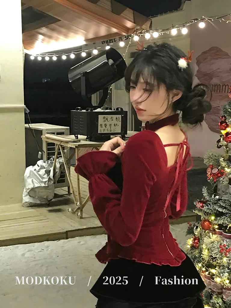 Subculture Korean Mini High Long Christmas Size M [MODKOKU] Women's Dress, Y2K, Style, Elegant, Feminine, Lace, Dress, Waist, Ribbon, Lined, Lace-Up,