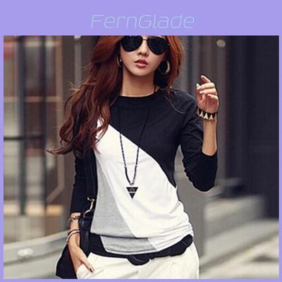 Women Fashion Korean Style Autumn Slim Fit Color Block Blouse Long Shirt Sleeve