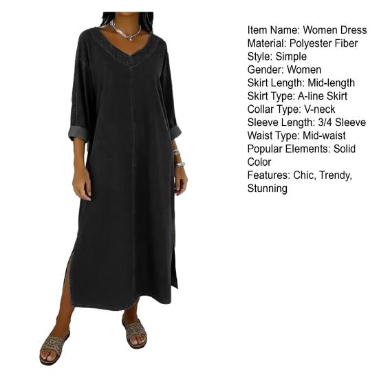Women's Faux Denim Maxi Dress V Neck 46085 Sleeve Loose Long Dress