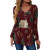 Women's Fashion Casual Christmas Tree Print V-Neck Decorative Button Long Sleeve T-Shirt Top
