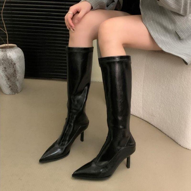 European and American style pointed leopard print but knee boots women's 2025 spring and autumn thin heel high boots rear zipper high heel piled boots