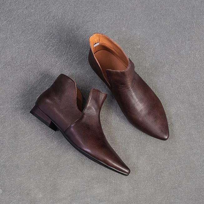 Johnature Genuine Leather Pointed Shallow Low Heel Shoes Fashion And Versatile Women's Slip-on Shoes