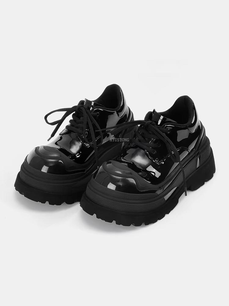 Fashion Black Patent Leather Metal Decoration Women Shoes Punk roundToe Shallow Ladies Shoes Thick Bottom Hand-made Chaussures Femme