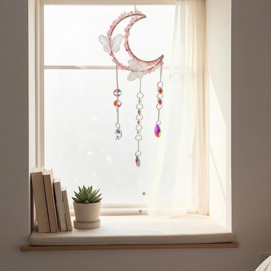 Crystals Suncatcher, Hanging Moon Butterfly Sun Catcher with Glass Prisms for Windows, Healing Crystal Decor for Home, Gift for Christmas Birthday