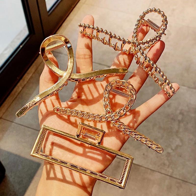 New Women Elegant Gold Silver Hair Clip Hollow Geometric Metal Hair Claw Headband Crab Hair Clips Fashion Hair Accessories