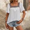 Summer Women Blouse Lace Embroidered Square Neck Backless Pullover Shirt Short Sleeve Lotus Leaf Holiday Spring S-XL