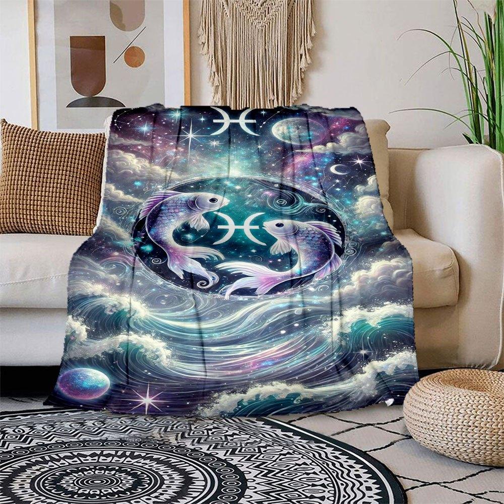 

Zodiac Pisces Art Print - Celestial Fish Wall Decor Blanket Flannel Throw Blanket for Sofa, Bed, Travel, Camping, Office, Couch, Chair, And 150x180cm