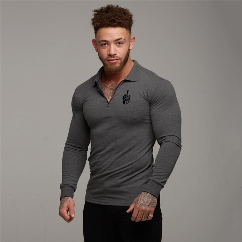 Muscleguys Herren Langarm Poloshirts Reißverschluss Umlegekragen Herbst Bodybuilding Fitness Tops Slim Fit