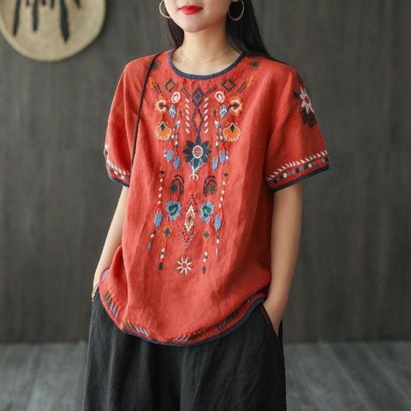 Women's Summer Ethnic Vintage Short Sleeve Tops Plus Size Loose Pullover Tops