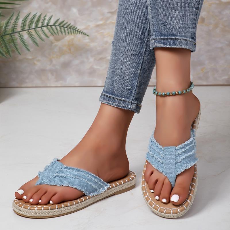 Flip Over Flat Bottomed Clip On Foot Plus Size Hemp Rope Flip Flops for Women, Comfortable Flat Bottomed Canvas Slippers for Women