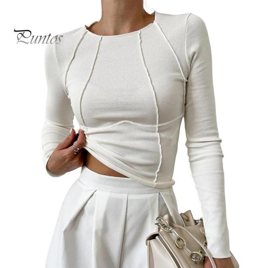 

Женская футболка с круглым вырезом и длинным рукавом, облегающая футболка, однотонные цветные линии, украшения, эластичный пуловер, топы для повседневной носки M белый