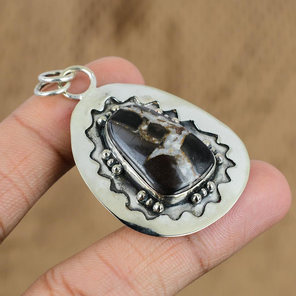 Natural Moroccan Mud Crack Fossil Gemstone Pendant Brown 925 Sterling Silver