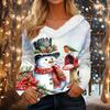 Women's Christmas Print Long Sleeve V-Neck Top with Plush Collar
