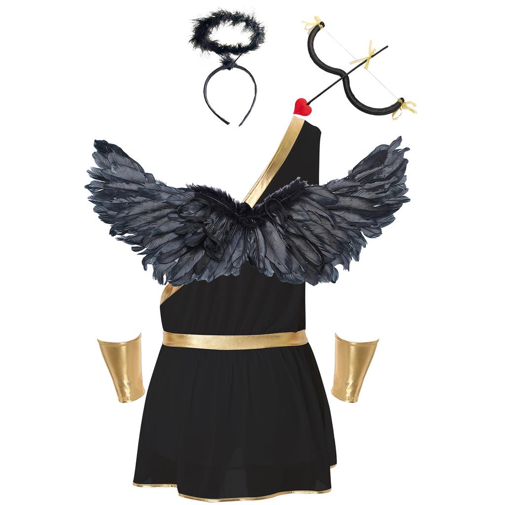 Mens Cupid Costume Set Romper Jumpsuit Detachable Sleeves Feather Angel Wings Headwear M Shaped Bow Heart Arrow