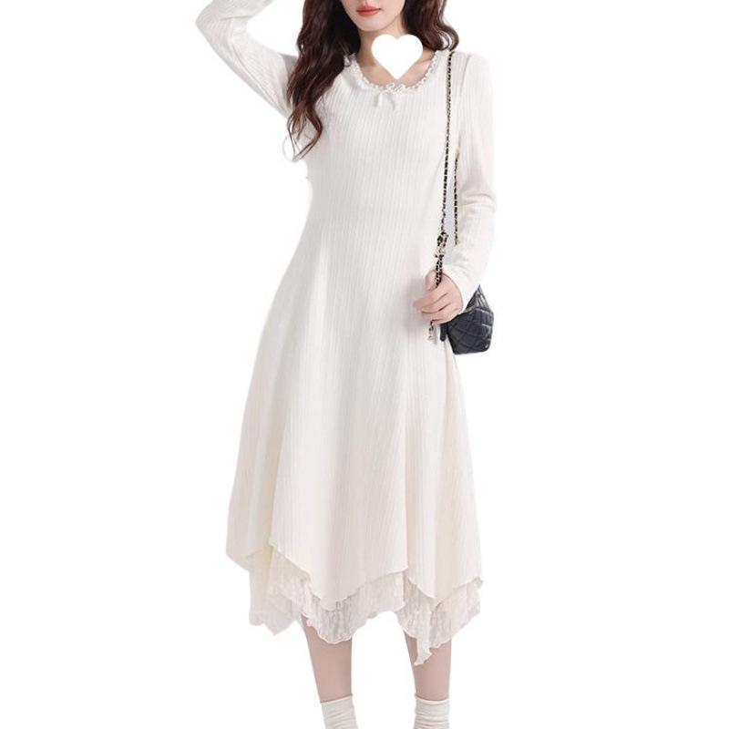 Elegant Pure White Lace Long Dress for Women - Perfect Base Layer for Autumn/Winter 2026, Pair with a Coat