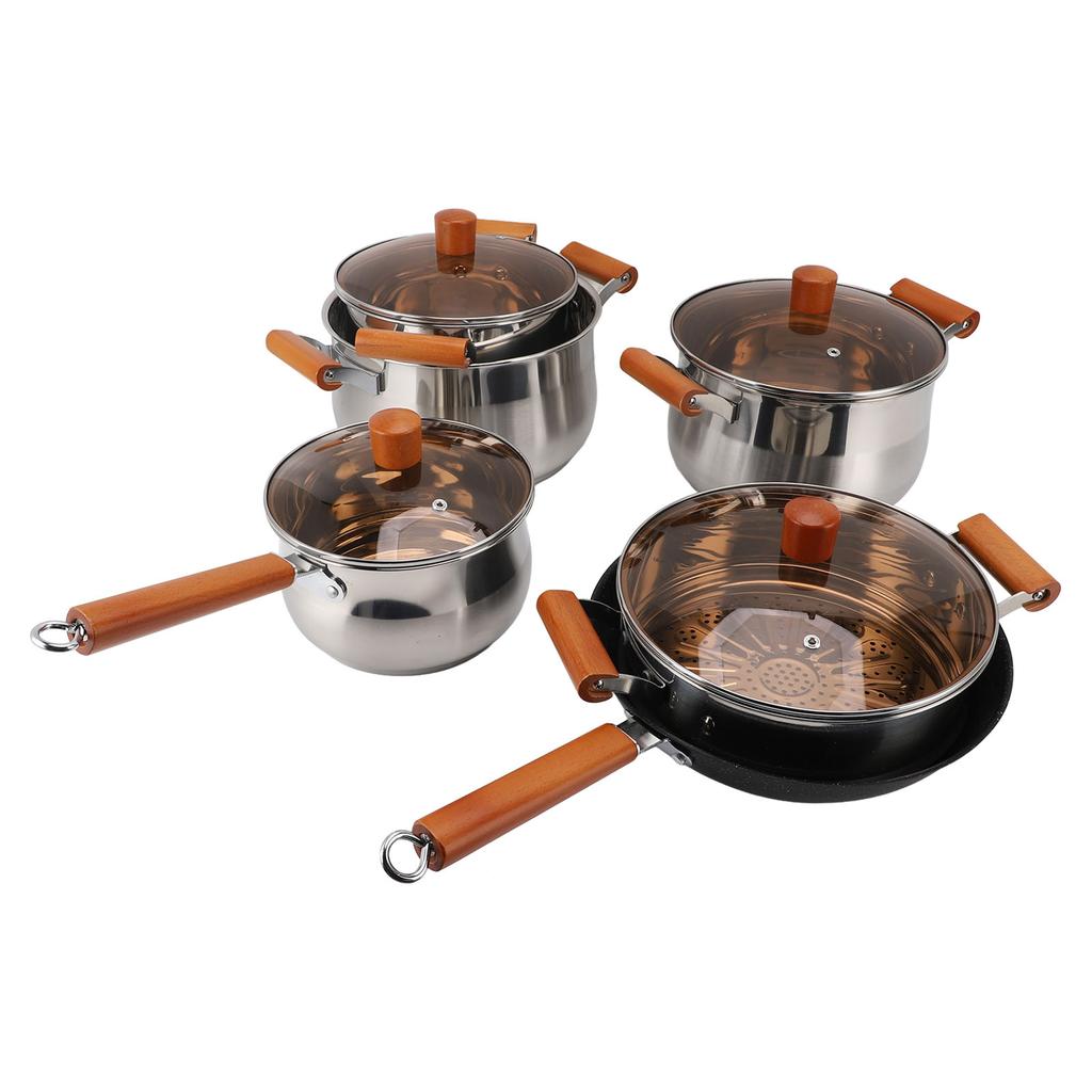 Stainless Steel Cookware Set Wooden Handle Multifunctional Kitchen Cooking Set for Steaming Boiling Making Soup