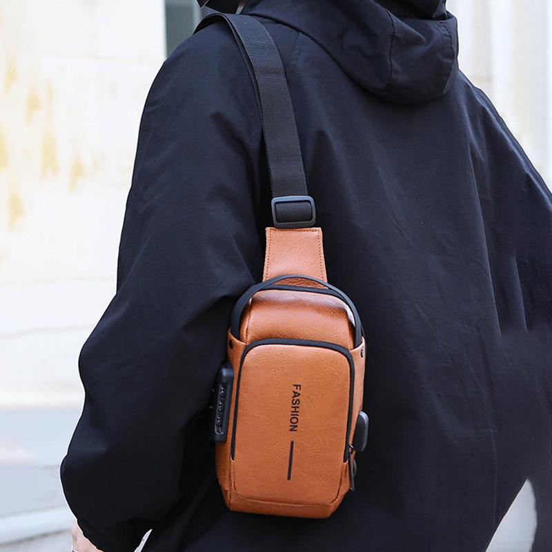 Men's Chest Bag Anti-theft USB Business Messenger Bag Multifunctional Water Repellent Shoulder Bag PU Commuter Backpack Men