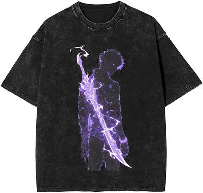 Hot Anime Solo Leveling Sung JinWoo Graphic T-shirt Men Vintage Washed Tshirts Oversized Cotton Tee Harajuku Male T-shirt